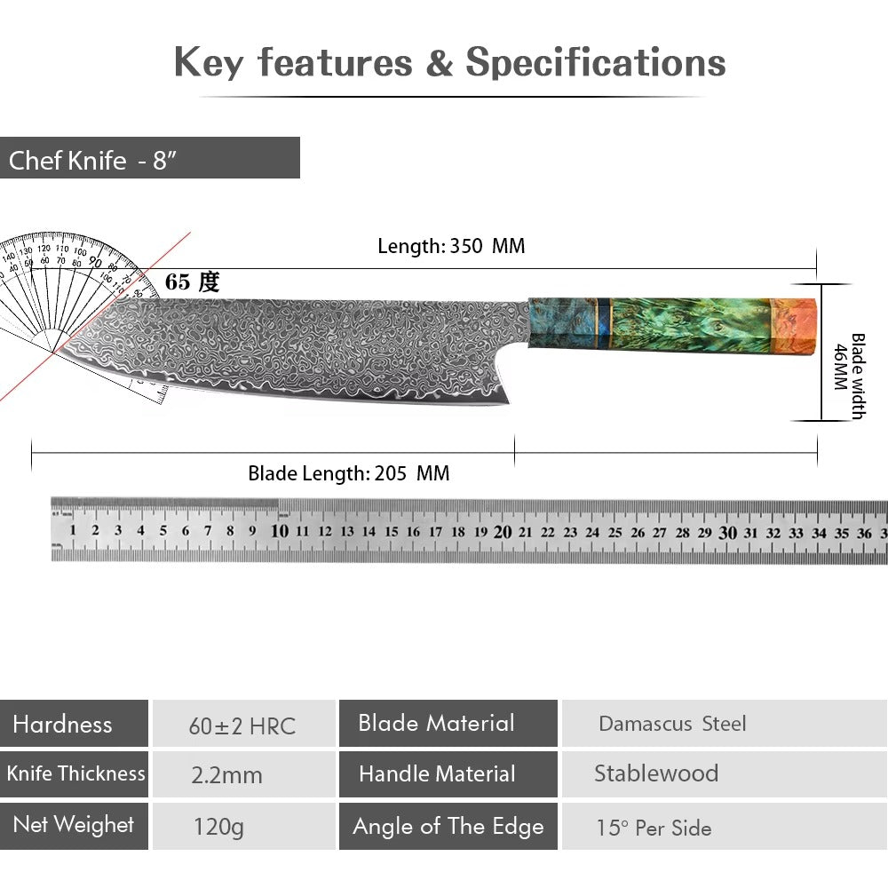 KnivesCollection™ | 8" Damascus Chef Knife | VG10 Core & Unique Stabilized Wood Handle