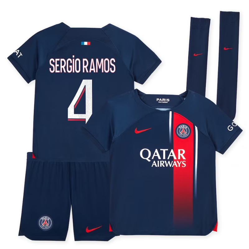 Paris Saint-Germain Team Home Kit 2023-24 - Little Kids with Sergio Ramos 4 printing Jersey - Blue - Jersey Teams World