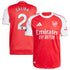 William Saliba Arsenal jersey 2025 by adidas in red and white with sponsor Emirates Fly Better
